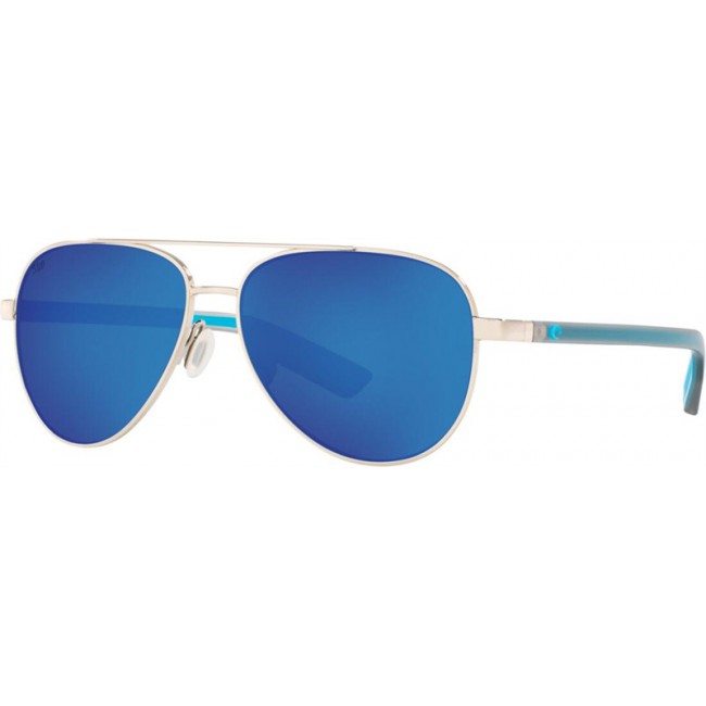 Costa Peli Sunglasses Shiny Silver Frame Blue Lens