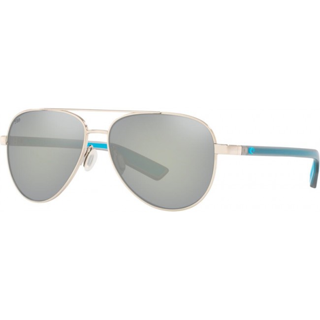 Costa Peli Sunglasses Shiny Silver Frame Grey Silver Lens