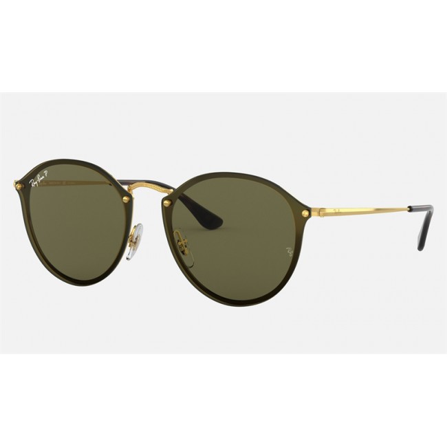 Ray Ban Round Blaze Round RB3574 Sunglasses Polarized Classic G-15 + Gold Frame Green Classic G-15 Lens