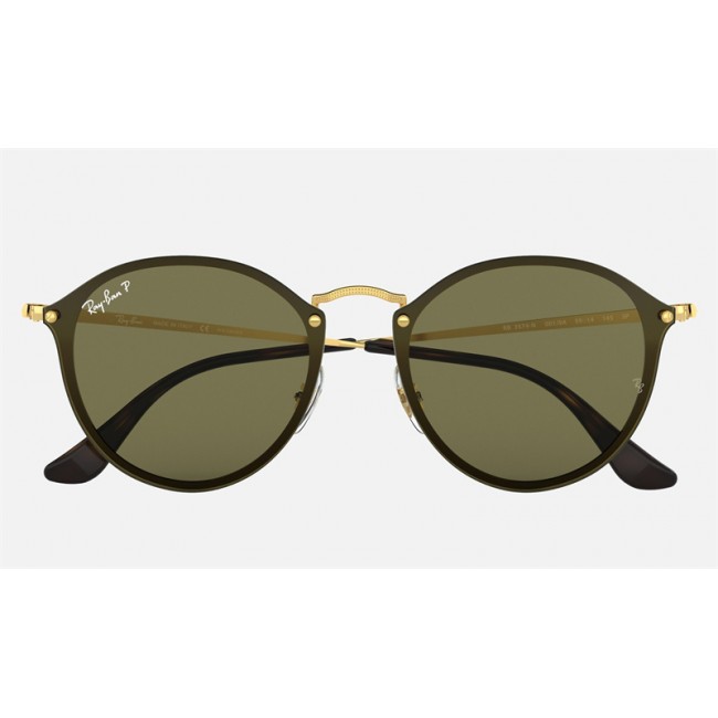 Ray Ban Round Blaze Round RB3574 Sunglasses Polarized Classic G-15 + Gold Frame Green Classic G-15 Lens