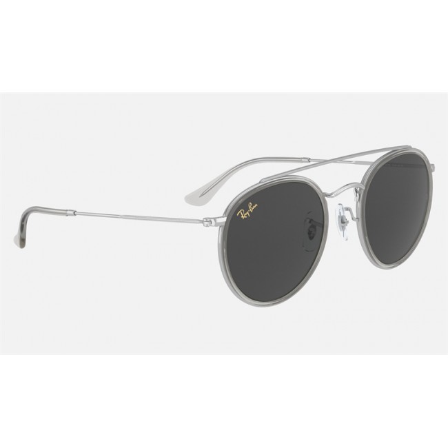 Ray Ban Round Double Bridge Legend RB3647 Sunglasses Classic + Shiny Silver Frame Dark Grey Classic Lens