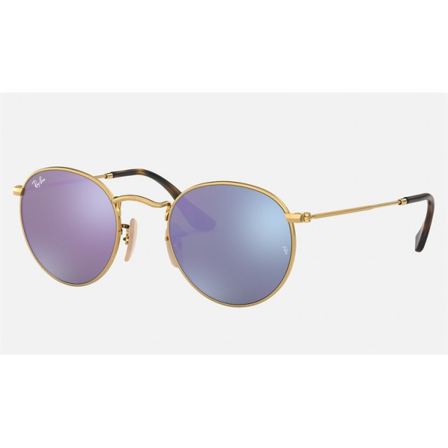 Ray Ban Round Flat Lenses RB3447 Sunglasses Mirror + Gold Frame Lilac Mirror Lens