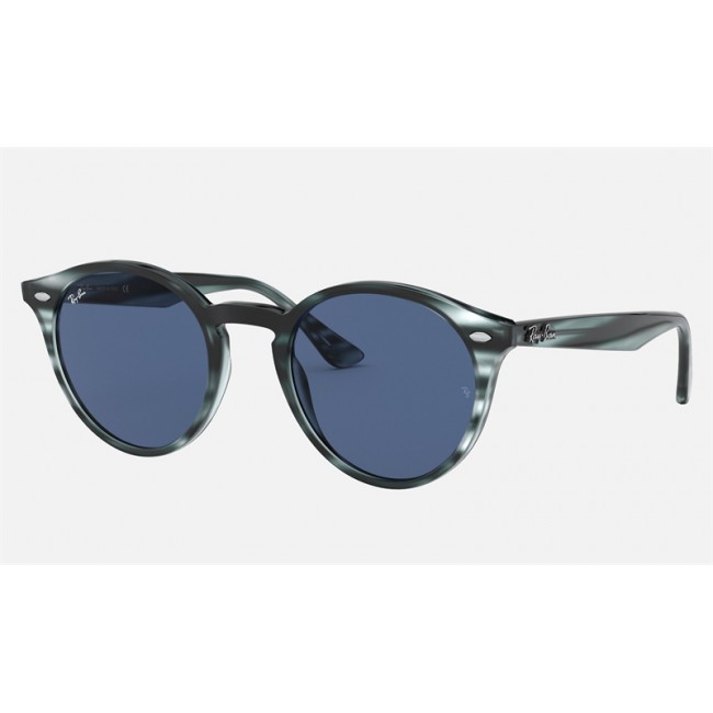 Ray Ban Round RB2180 Low Bridge Fit Sunglasses Classic + Striped Blue Havana Frame Dark Blue Classic Lens